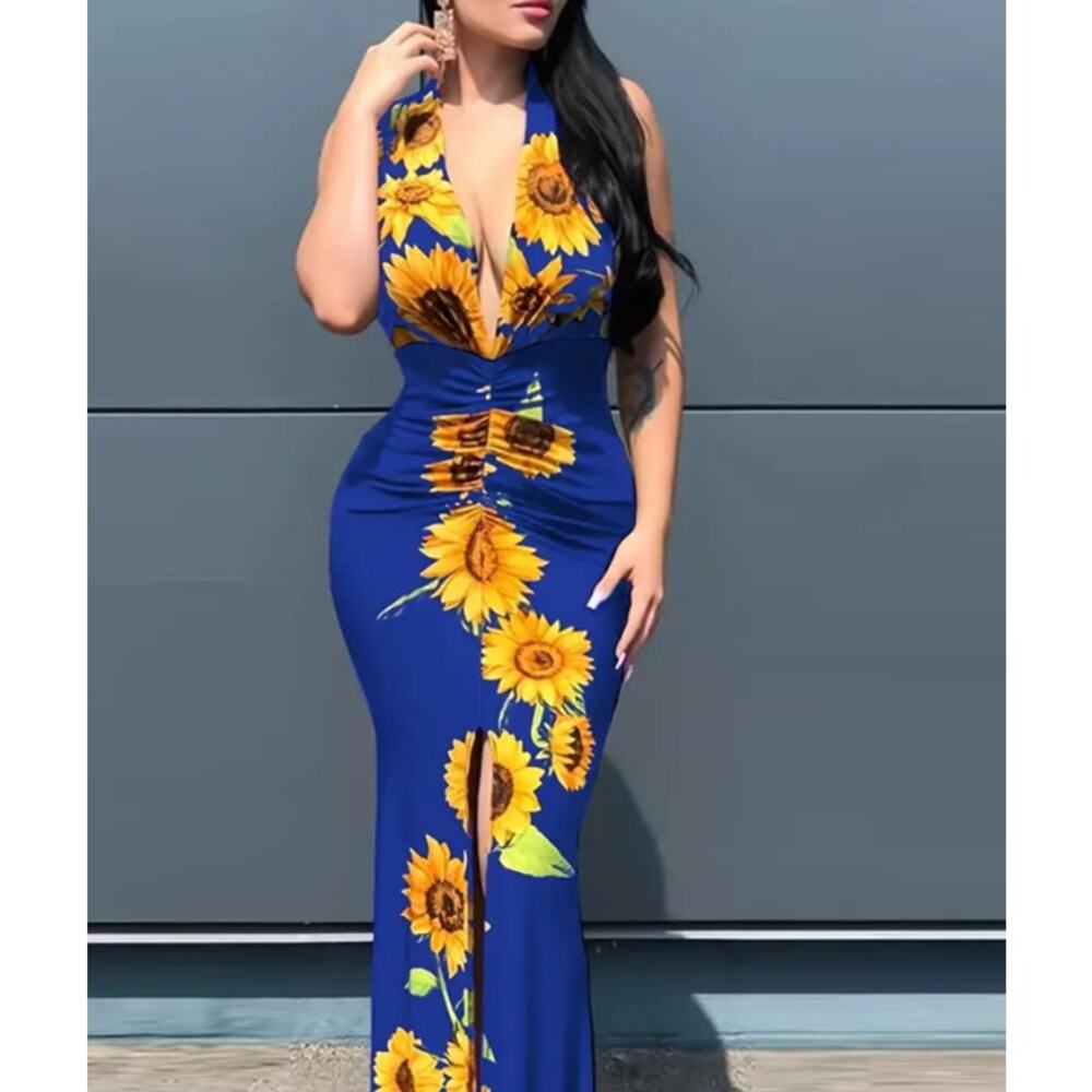 New! Blue SUNFLOWER Ruched Dress - Low Cut Flower Slit Maxi - Small
